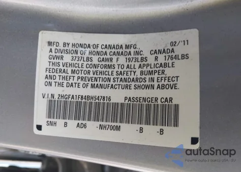 2011 Honda Civic Ex из США, поврежденный, VIN 2HGFA1F84BH547816